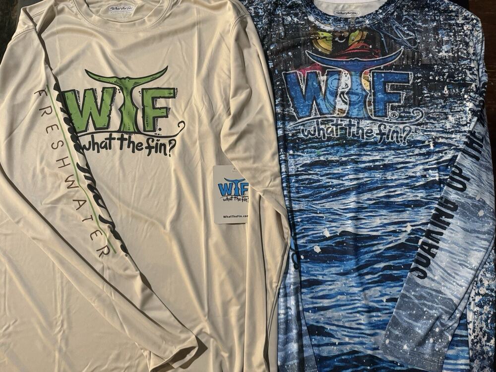2 WHAT THE FIN WTF Long Sleeve Graphic Print T-Shirt Boating Beach Large New